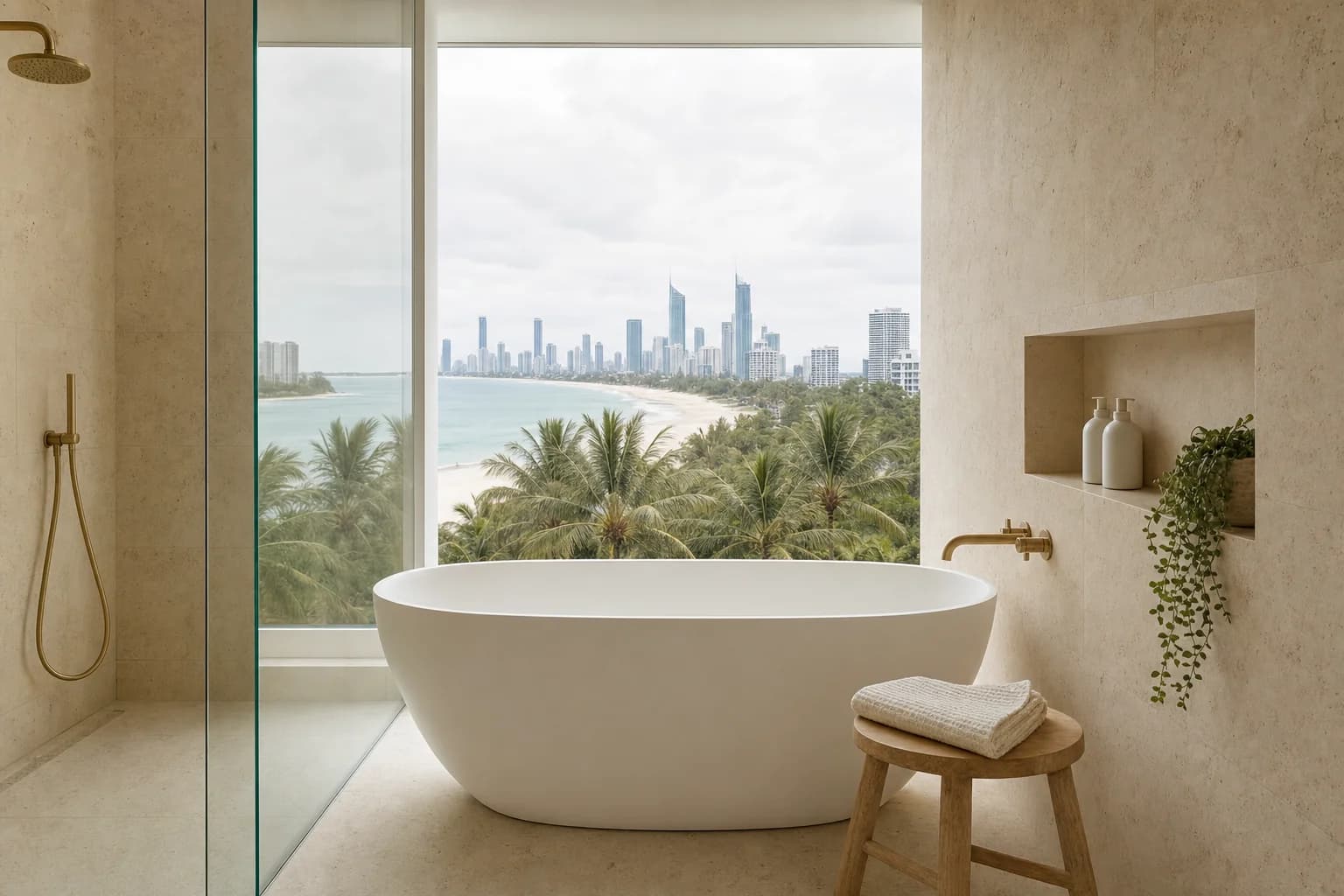 Renovated bathroom on the Gold Coast with a freestanding bath looking out to the beach and the skyline