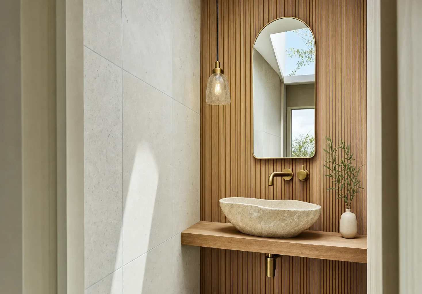 Small powder room with a stone vessel basin on a floating oak shelf and an arched mirror